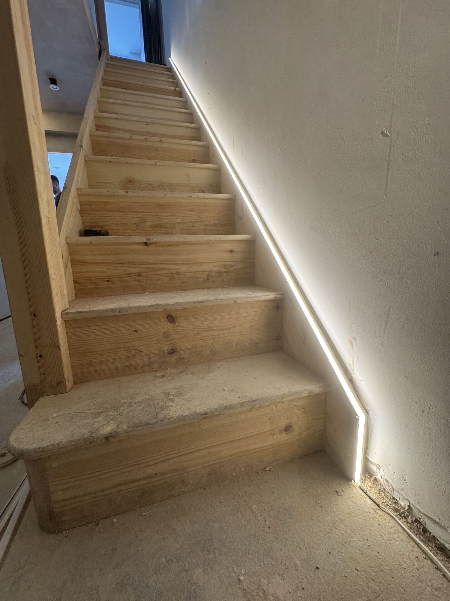 LED strip lighting fitted along a domestic staircase