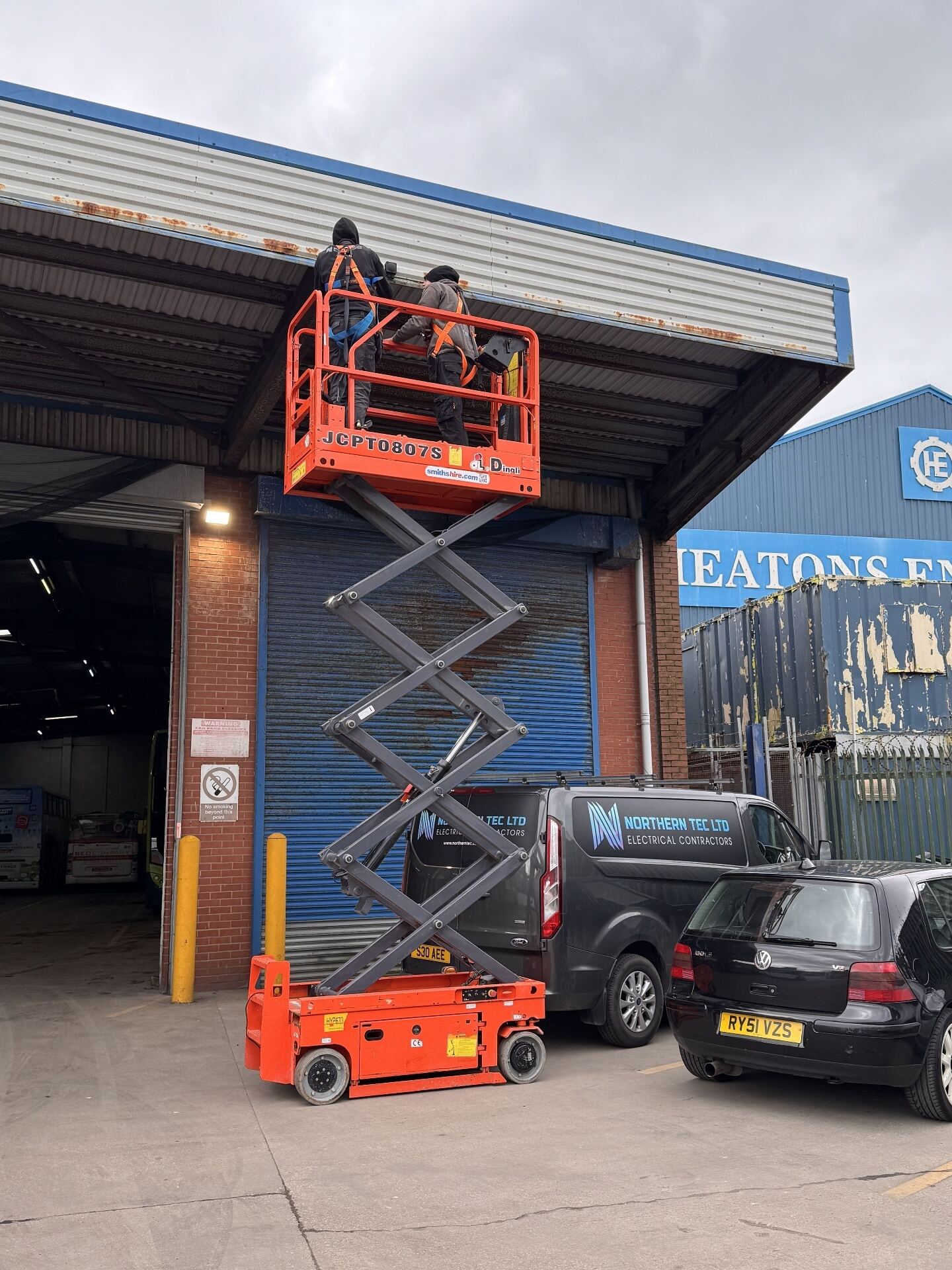 Commercial electrical install carried out from a scissor lift